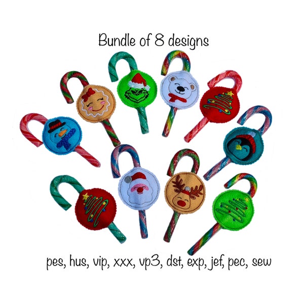 Instant download pack of 8 christmas quick stitch candy cane or pencil toppers  machine embroidery design in multiple formats in the hoop