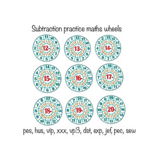 Descarga digital matemáticas resta menos ruedas diseño de bordado de máquina 12-20 gráficos circulares escuela montessori en el aro educativo