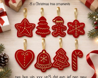 Digital download 8 in the hoop christmas ornaments gingerbread cookies tree decorations machine embroidery design 4x4 hoop in all formats