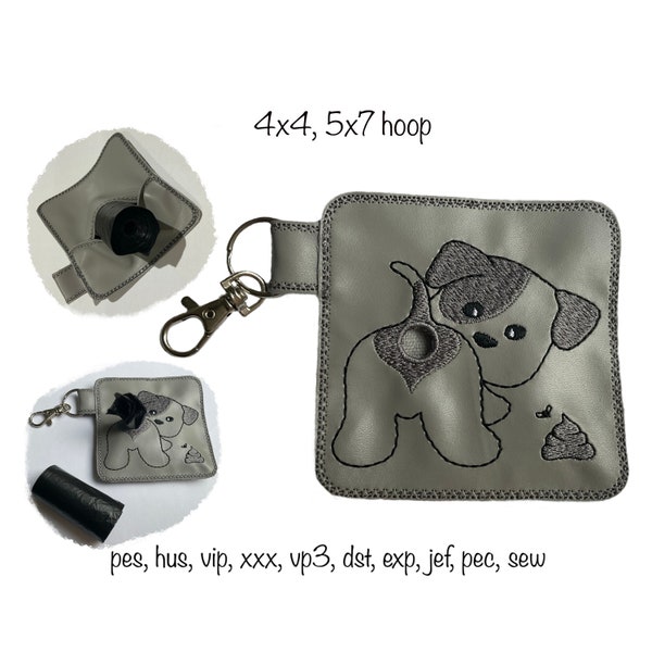 Téléchargement instantané dans le cerceau chien caca sac porte-rouleau pochette 4 x 4 5 x 7 motif de broderie machine en plusieurs formats dans le cerceau porte-clés tag