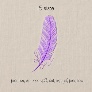 May include: An embroidery design of a single purple feather with decorative swirls at the base. The text 15 sizes appears at the top, and the text pes, hus, vip, xxx, vp3, dst, exp, jef, pec, sew is printed at the bottom on a light fabric.