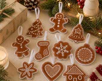 Digital download 10 in the hoop christmas ornaments gingerbread cookies tree decorations machine embroidery design 4x4 hoop in all formats