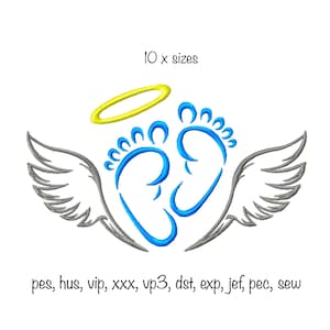 May include: Blue baby footprints with a yellow halo and gray wings. The text "10 x sizes" and "pes, hus, vip, xxx, vp3, dst, exp, jef, pec, sew" are below the image.