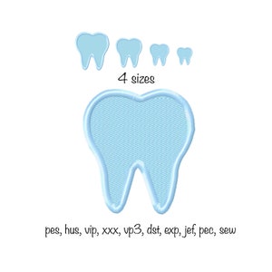 May include: Four different sizes of a light blue tooth embroidery design. The text "4 sizes" and "pes, hus, vip, xxx, vp3, dst, exp, jef, pec, sew" are below the design.