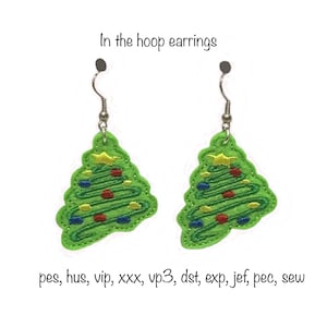 Instant download felt christmas tree earrings machine embroidery design in format pec pes xxx jef sew exp vip vp3 dst hus  in the hoop