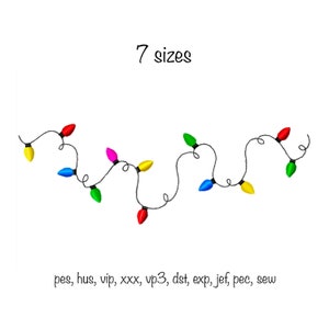 May include: A string of colorful Christmas lights with red, yellow, green, blue, and pink bulbs. The lights are strung on a black wire and are arranged in a wavy pattern. The text "7 sizes" is above the lights and the text "pes, hus, vip, xxx, vp3, dst, exp, jef, pec, sew" is below the lights.