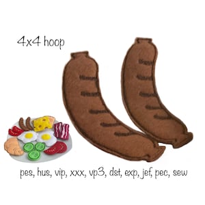 Peut inclure: Deux saucisses en feutre marron sur un fond blanc. Le texte "4x4 hoop" est en haut de l'image. Le texte "pes, hus, vip, xxx, vp3, dst, exp, jef, pec, sew" est en bas de l'image.