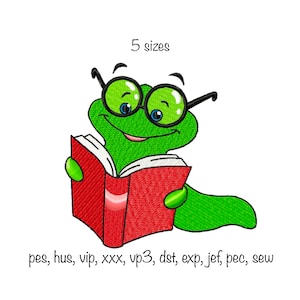 Digital download cute book worm fill stitch machine embroidery design 5 sizes, school college uni university book lover reading club reader