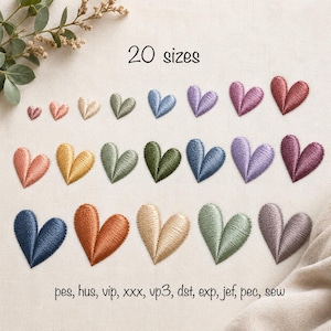 May include: A collection of embroidered heart designs in various colors and sizes arranged in three rows. The text 20 sizes appears at the top, and the text pes, hus, vip, xxx, vp3, dst, exp, jef, pec, sew appears at the bottom of the image.