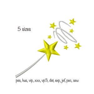 Puede incluir: Una estrella amarilla con una varita plateada y un remolino de estrellas plateadas. El texto "5 tamaños" y "pes, hus, vip, xxx, vp3, dst, exp, jef, pec, sew" está debajo de la imagen.