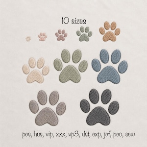 May include: An embroidery design featuring 10 sizes of paw prints in various shades of beige, green, blue, and gray. The text 10 sizes is at the top, and the text pes, hus, vip, xxx, vp3, dst, exp, jef, pec, sew is at the bottom.