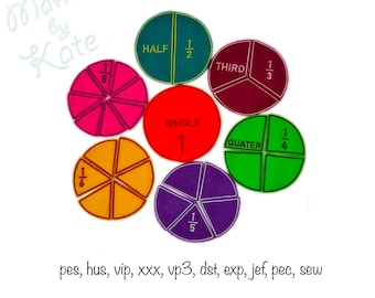 Digital download math fractions machine embroidery design 7 files circle half quater third charts montessori school in the hoop