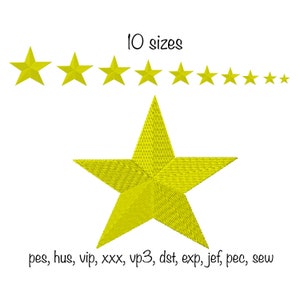 May include: A yellow five-pointed star embroidery design in ten different sizes. The file formats included are pes, hus, vip, xxx, vp3, dst, exp, jef, pec, and sew.