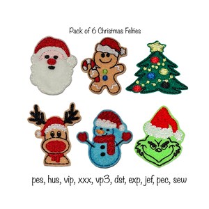 May include: A pack of six felt Christmas ornaments. The ornaments include Santa Claus, a gingerbread man, a Christmas tree, a reindeer, a snowman, and the Grinch.