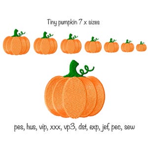 May include: An image featuring seven embroidered orange pumpkins of varying sizes, each with a green stem and curly vine. The text "Tiny pumpkin 7 x sizes" is above the pumpkins. Below the pumpkins are embroidery file formats.