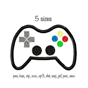May include: Black and white outline of a video game controller with four colored buttons. The text "5 sizes" is above the controller and the text "pes, hus, vip, xxx, vp3, dst, exp, jef, pec, sew" is below the controller.