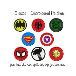 Instant download 8 superhero fill stitch sew on patches machine embroidery design in multiple formats in the hoop, iron on 5 sizes