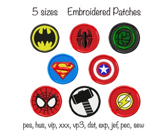 Instant download 8 superhero fill stitch sew on patches machine embroidery design in multiple formats in the hoop, iron on 5 sizes