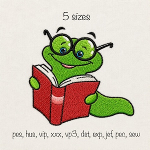 May include: An embroidery design featuring a green worm wearing black-rimmed glasses and reading an open red book. The text 5 sizes appears at the top, and the file formats pes, hus, vip, xxx, vp3, dst, exp, jef, pec, sew are listed below.