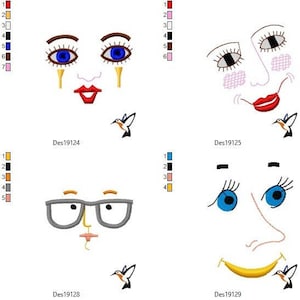 Faces bundle instant download brother machine embroidery designs pes format files, 0ver 50 items eyes nose lips ideal for dolls making