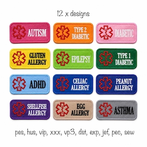 Könnte beinhalten: Ein Set aus 12 rechteckigen, bestickten medizinischen Aufnähern in verschiedenen Farben, jeweils mit einem roten Stern des Lebens und Texten wie Autism, Type 2 Diabetic, Diabetic, Gluten Allergy, Epilepsy, Type 1 Diabetic, ADHD, Celiac Allergy, Peanut Allergy, Shellfish Allergy, Egg Allergy und Asthma.