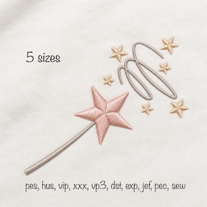 Digitaler Download 5 Größen Stickdatei mit Zauberstab und Sternen in den Formaten pec, pes, xxx, jef, sew, exp, vip, VP3, dst, hus