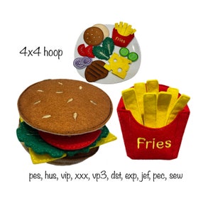 Pode incluir: Conjunto de comida de feltro para brincar de faz de conta, incluindo um hambúrguer, batatas fritas e um prato com vários acompanhamentos. O conjunto é projetado para uma máquina de bordado de aro de 4x4.