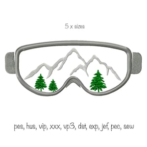 May include: Gray ski goggles with a mountain and pine tree design. The text "5 x sizes" and "pes, hus, vip, xxx, vp3, dst, exp, jef, pec, sew" is below the goggles.
