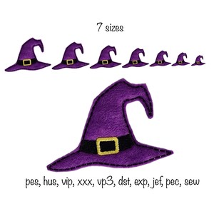 May include: Seven sizes of purple witch hat embroidery designs. The designs are available in pes, hus, vip, xxx, vp3, dst, exp, jef, pec, and sew file formats.