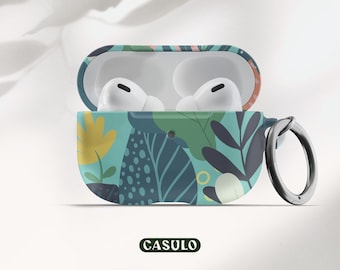 May include: A green, blue, and yellow floral patterned case for wireless earbuds with a matching carabiner clip. The case is open, revealing the white earbuds inside.