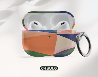 May include: A colorful geometric pattern case for Apple AirPods Pro with a silver carabiner. The case is open, revealing the white AirPods Pro inside. The case has a green, orange, pink, and blue design. The text "CASULO" is printed in green on a white background.