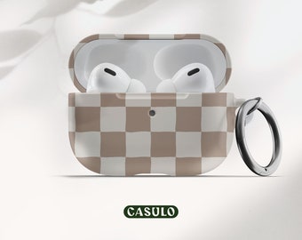 May include: A white and brown checkered case for wireless earbuds with a silver ring attached. The case is open and the earbuds are visible inside. The case has the word "CASULO" printed on the bottom.