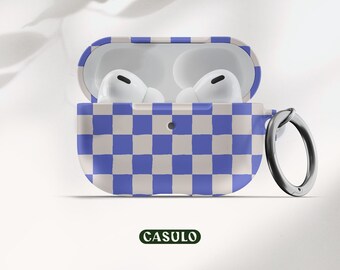 Étui AirPods Pro à carreaux bleus, étui AirPods avec porte-clés, étui AirPods 1 et 2, étui AirPods avec mousqueton, étui AirPods mignon