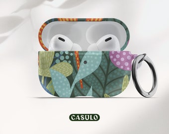 May include: A colorful floral patterned case for AirPods with a carabiner clip. The case is open, revealing the white AirPods inside.