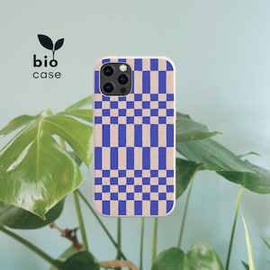 Blue Checkered Biodegradable Case for iPhone 14 13 12 11 SE Pro Max Mini, Compostable Phone Case for Samsung Galaxy S23 22 21 20 Ultra Plus