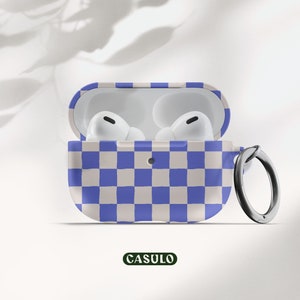 Blue Checker Print AirPods Pro Case, AirPod Case With Keychain, Air Pods Case 1 2, AirPod Case Cover with Carabiner, Cute AirPod Case