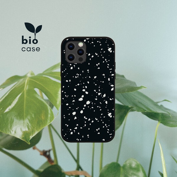Black Terrazzo Biodegradable Bamboo Eco Friendly Phone Case for iPhone 14 13 12 11 SE Pro Max Mini, Compostable Case for iPhone X, Xs and Xr