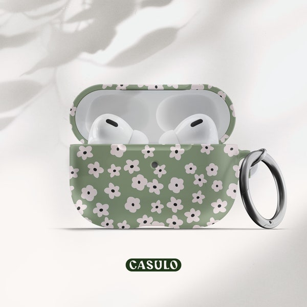 Retro Flowers AirPod Case Covers, AirPod Pro 2 1 Case, AirPods 1, 2 & 3 Case, Earbuds Cases, Apple AirPod Cases, Green Floral Daisies