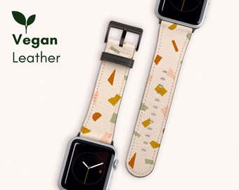 Printed Apple Watch Strap for Apple Watch Series 9, 8, 7, 6, 5, 4, 3, 2, 1 & SE, Terrazzo Vegan Leather Apple Watch Band 38 40 41 42 44 45mm