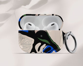 Étui AirPods Pro à motif tropical bleu, étui AirPods avec porte-clés, étui AirPods 1 et 2, coque AirPods avec mousqueton, étui AirPods mignon
