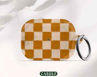 Funda con llavero para AirPods 4, AirPods Pro 2 y 1 en color terracota a cuadros / Funda a cuadros para AirPods de Apple de 4.ª, 3.ª, 2.ª y 1.ª generación Pro