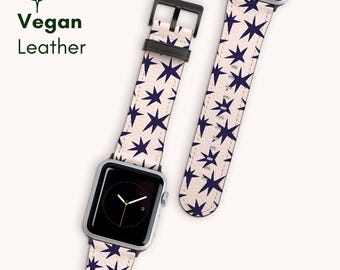 Stars Printed Apple Watch Strap, Vegan Leather Band for Apple Watch Series 10 9 8 7 6 5 4 3 2 1 Ultra 2 and SE, Modern Watch Band
