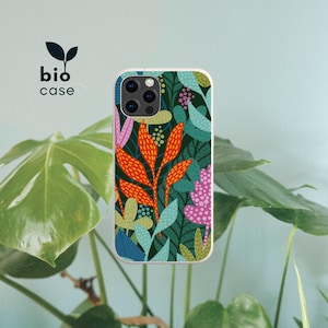 Funda ecológica de bambú biodegradable tropical, compostable para iPhone 16, 15, 14, 13, 12, 11 SE, Pro Max Mini y Galaxy S24, S23, S22 y S21.