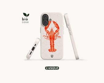 Capa de celular ecológica e biodegradável com estampa de lagosta, livre de plástico, para iPhone 16, 15, 14, 13, 12, 11, SE, Pro, Max, Mini e Samsung Galaxy S25, 24, 23, 22 e 21.