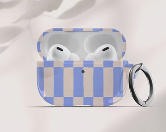 Funda para AirPods Pro con estampado de cuadros azules, funda para AirPods con llavero, funda para AirPods 1 y 2, funda para AirPods con mosquetón, funda bonita para AirPods