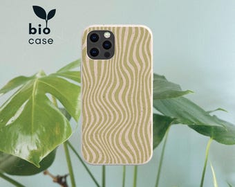 May include: A phone case featuring a wavy, vertical striped pattern in sage green and cream with a speckled texture. The case has a cutout for a triple-lens camera system. The text bio case with a small leaf icon is visible in the upper left corner.