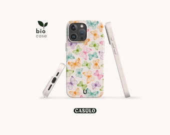 Capa de celular ecológica e biodegradável com estampa de borboletas, livre de plástico, para iPhone 16, 15, 14, 13, 12, 11, SE, Pro, Max, Mini e Samsung Galaxy S25, S24, 23, 22.