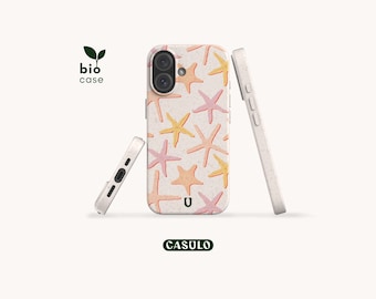 Capa de celular ecológica e biodegradável em formato de estrela-do-mar, livre de plástico, para iPhone 16, 15, 14, 13, 12, 11, SE, Pro, Max, Mini e Samsung Galaxy S25, 24, 23 e 22.