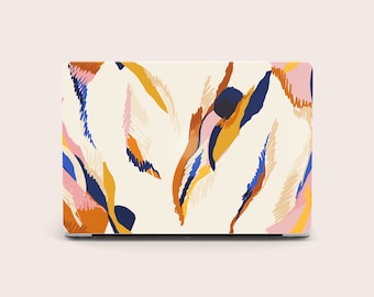 May include: Laptop skin with an abstract design featuring white, blue, orange, and pink brushstrokes on a cream background.