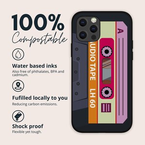 May include: A black phone case with a retro cassette tape design. The case features a pink and orange cassette tape with the text "AUDIO TAPE LH 60" printed on the side.